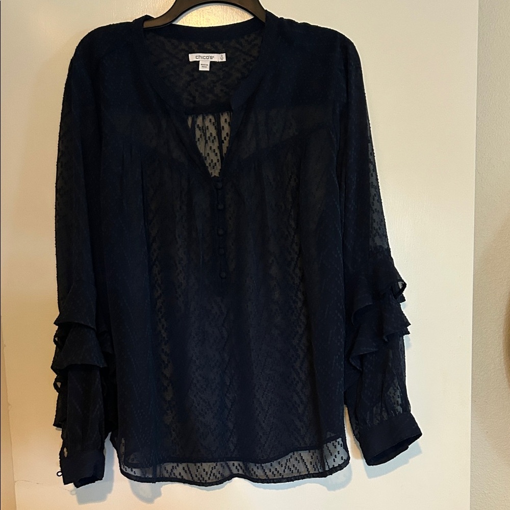 Chico's Dark Blue Sheer Blouse size 3 NWT